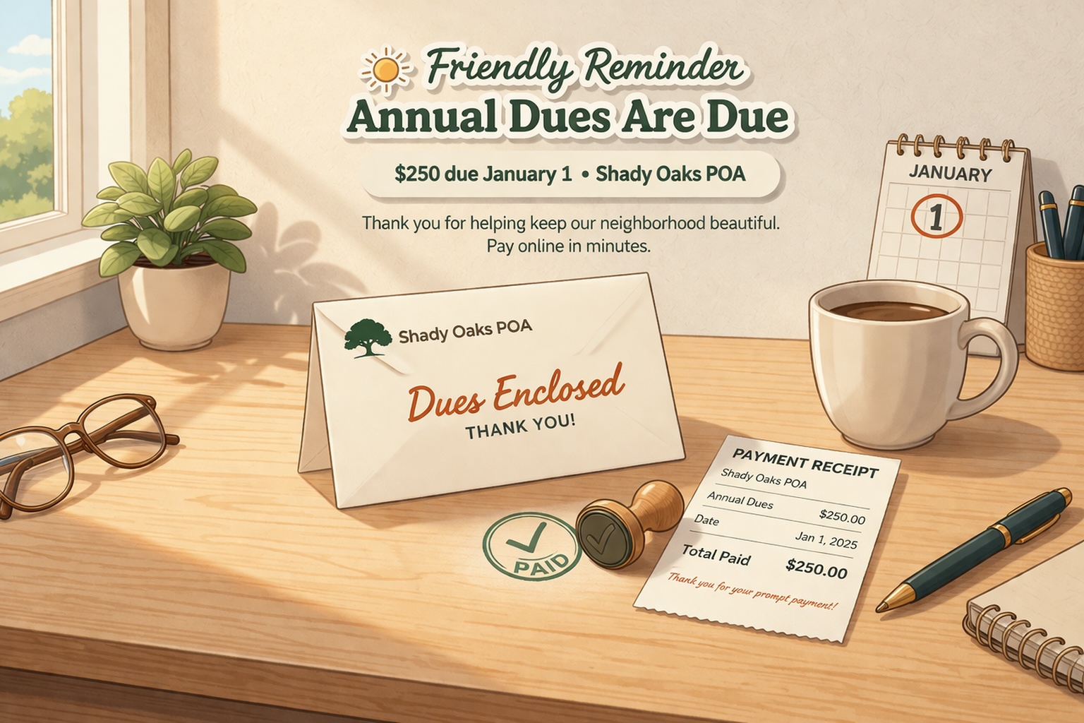 Friendly reminder notice with a checkmark and payment icon