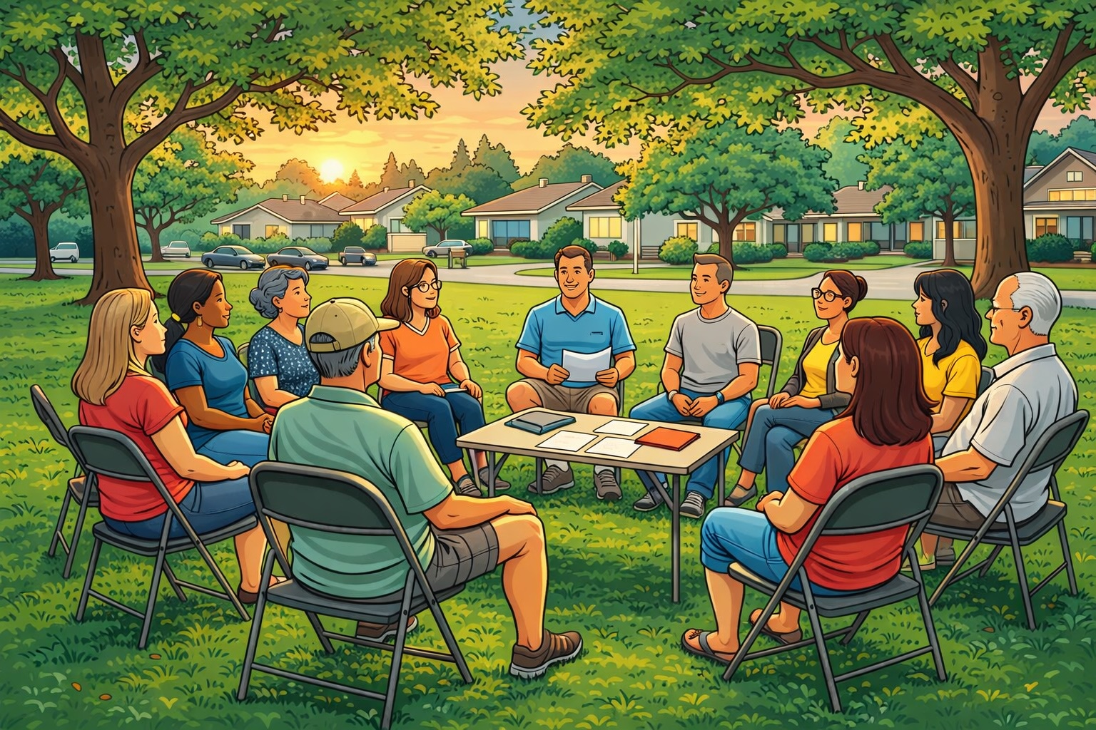 Neighbors gathered at an outdoor community meeting under oak trees in spring