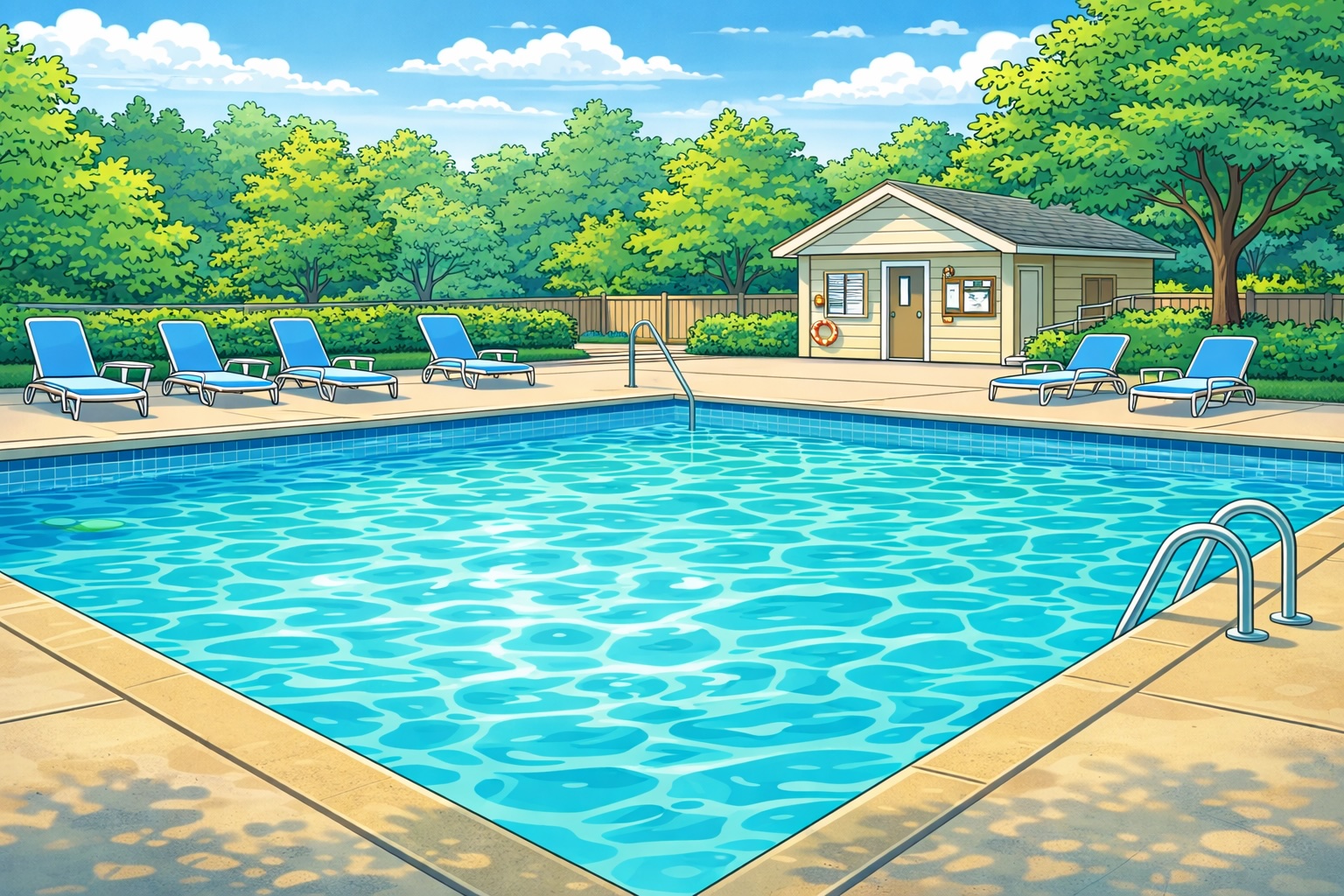 Sparkling community swimming pool on a sunny spring day with lounge chairs