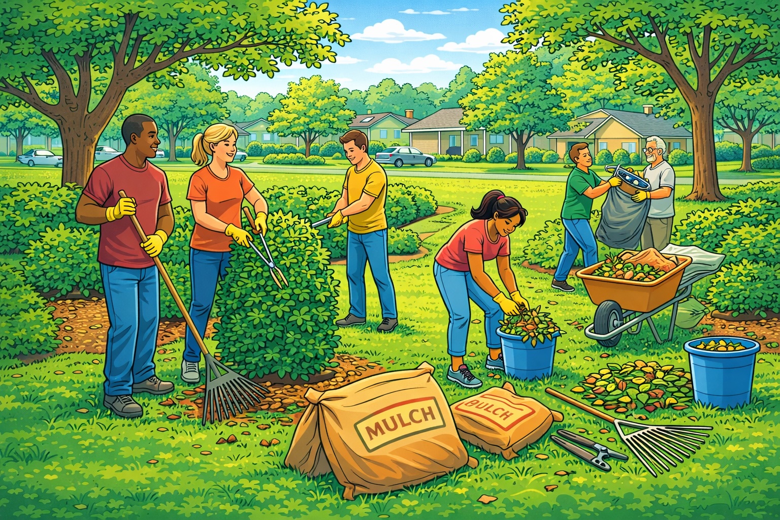 Volunteers working together on neighborhood landscaping and cleanup on a bright spring morning