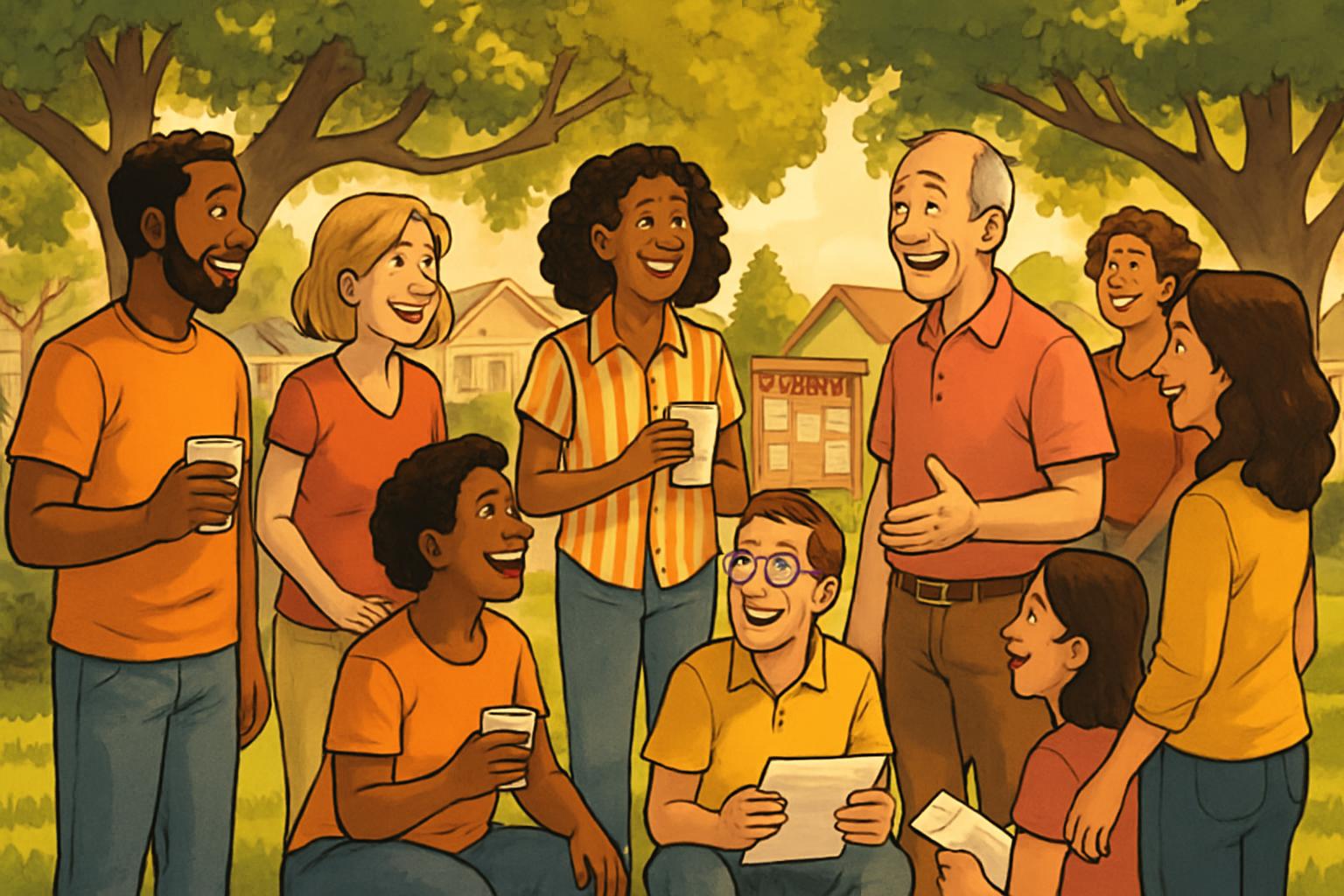 Smiling residents gathered outdoors for a neighborhood community meeting under oak trees