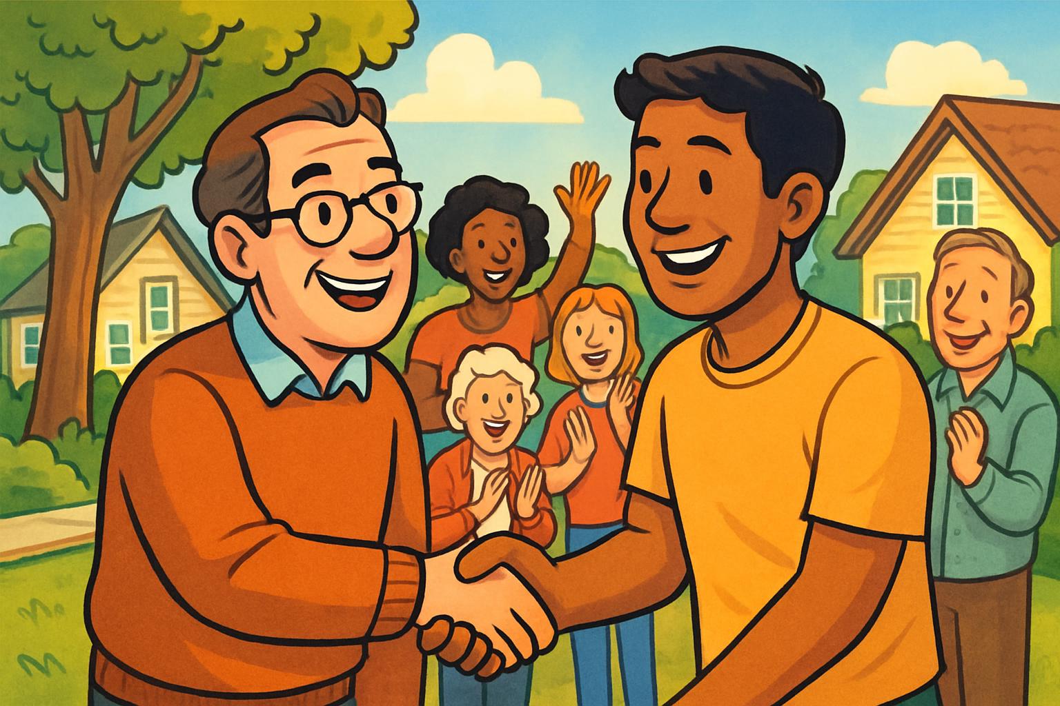 Cheerful community welcome illustration with neighbors shaking hands in a suburban neighborhood