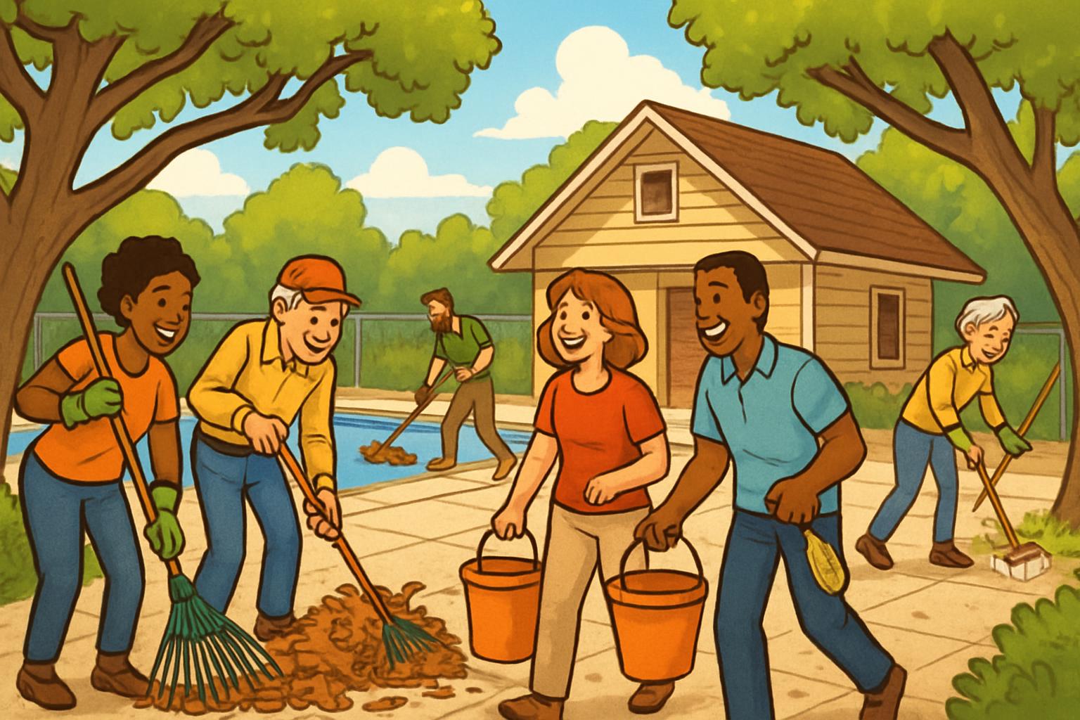 Neighbors working together on spring cleanup at the pool house on a sunny Saturday morning